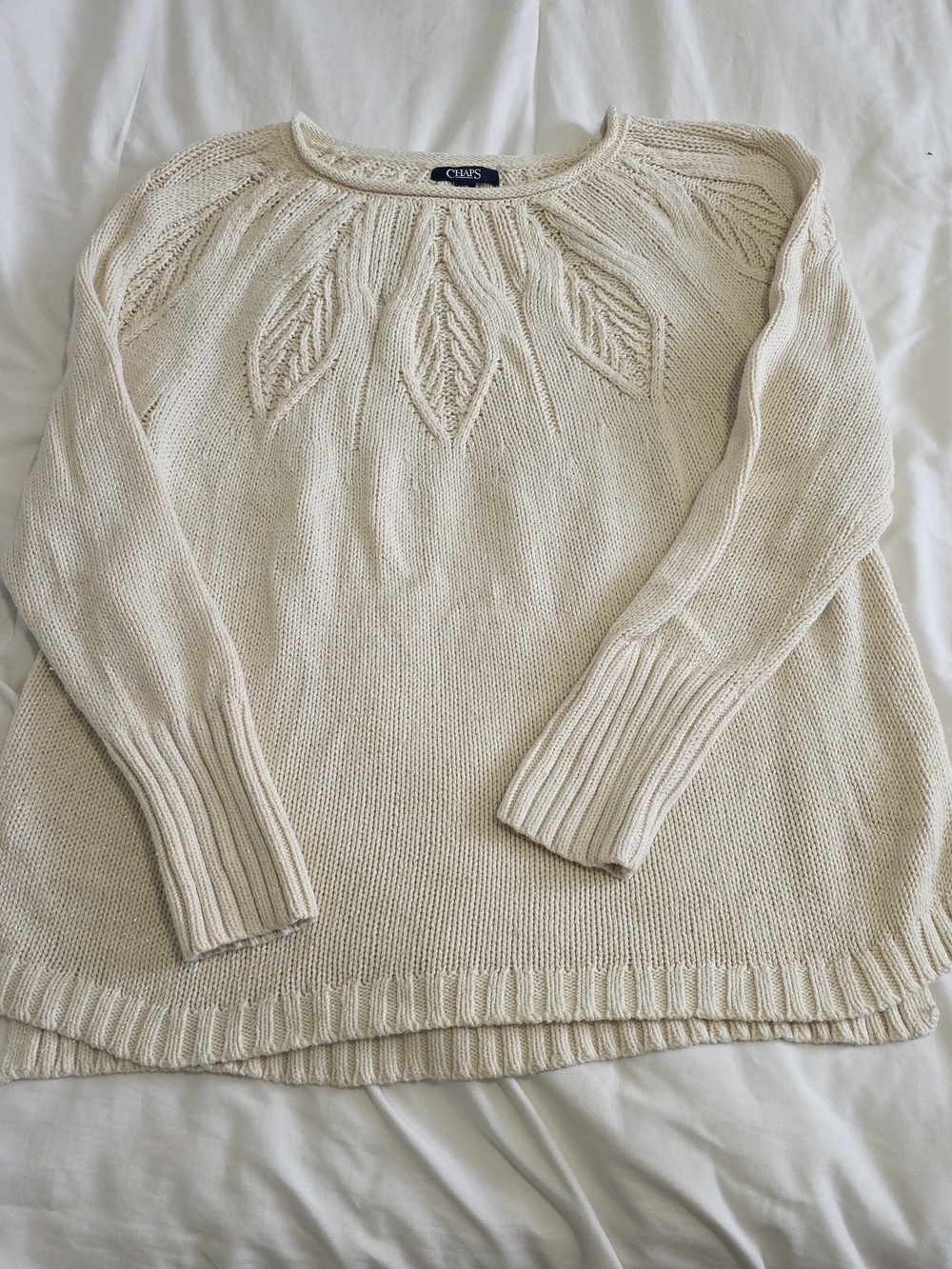 Chaps Cream Cable Leaf Yoke Pullover Sweater